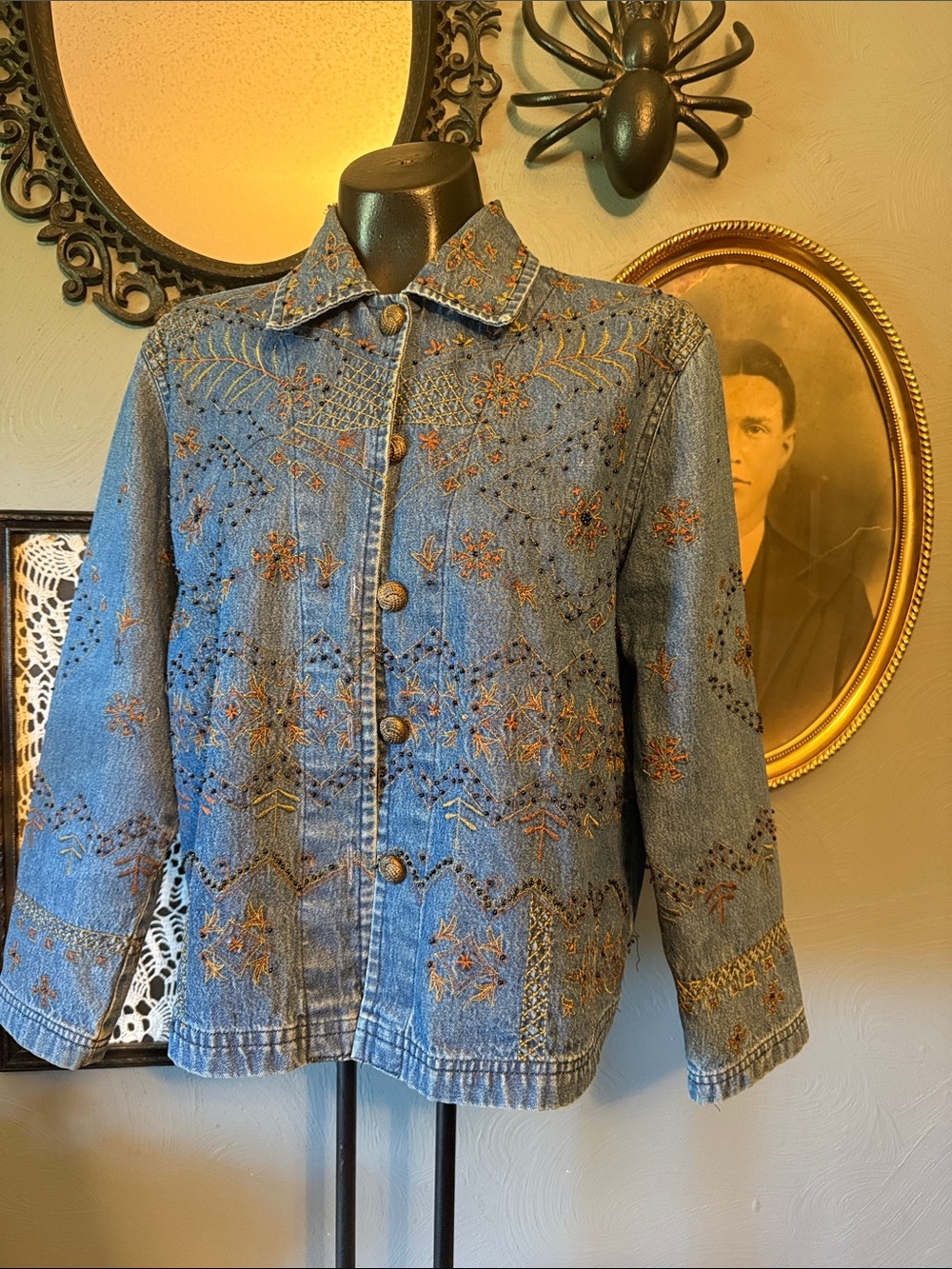 new directions Blue Denim Jacket with Copper Embroidery